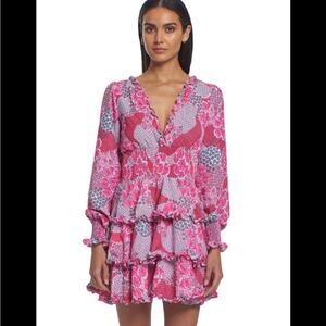 Peixoto $268 ruby smocked mini dress tiered ruffle pink red Anthropologie sz S